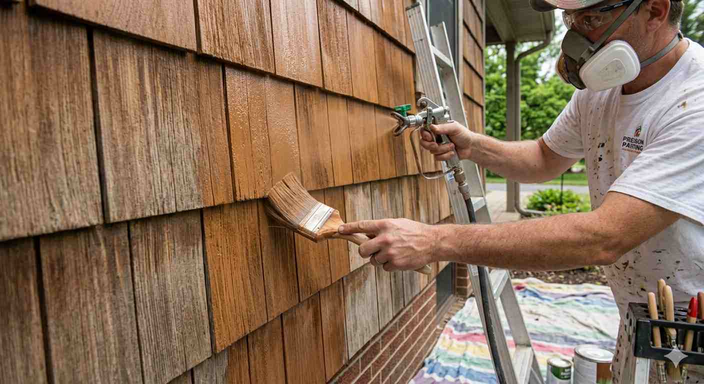 A professional painter spraying paint on cedar siding while simultaneously using a brush to back-brush into the wood grain