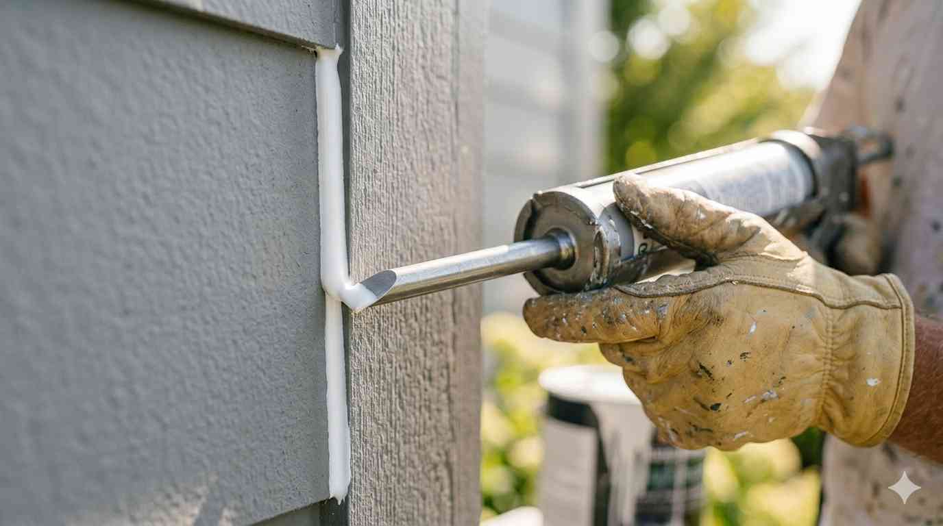 Close-up of a gloved hand applying elastomeric caulk to a vertical butt joint on Hardie board fiber cement siding


