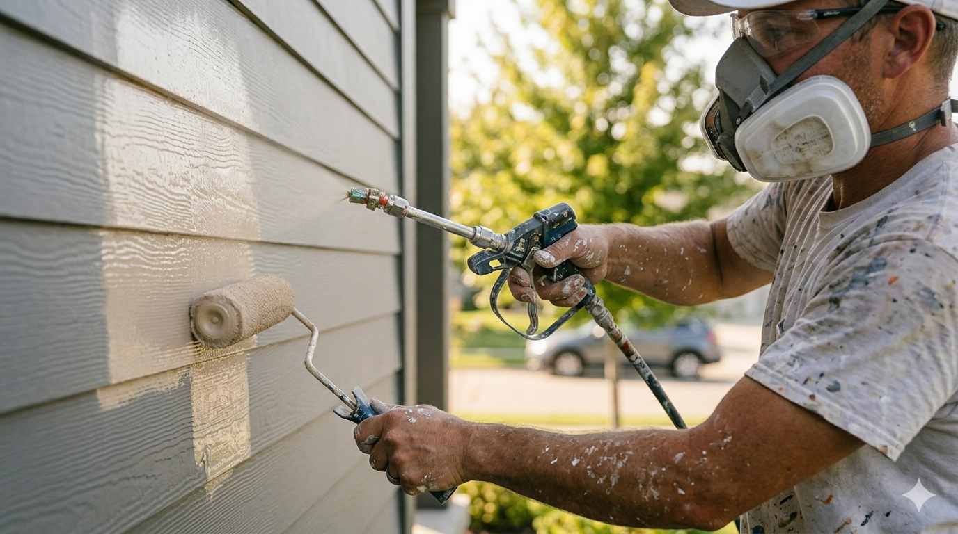 Painter demonstrating spray-and-back-roll technique on Hardie board fiber cement siding with airless sprayer and masonry roller