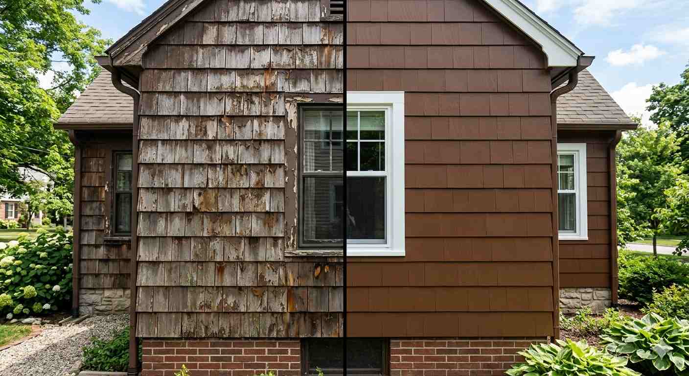 A realistic side-by-side comparison of cedar siding on a house, left side faded, peeling paint with stains, right side freshly painted smooth cedar siding with clean finish, natural daylight, high detail, residential exterior, photorealistic