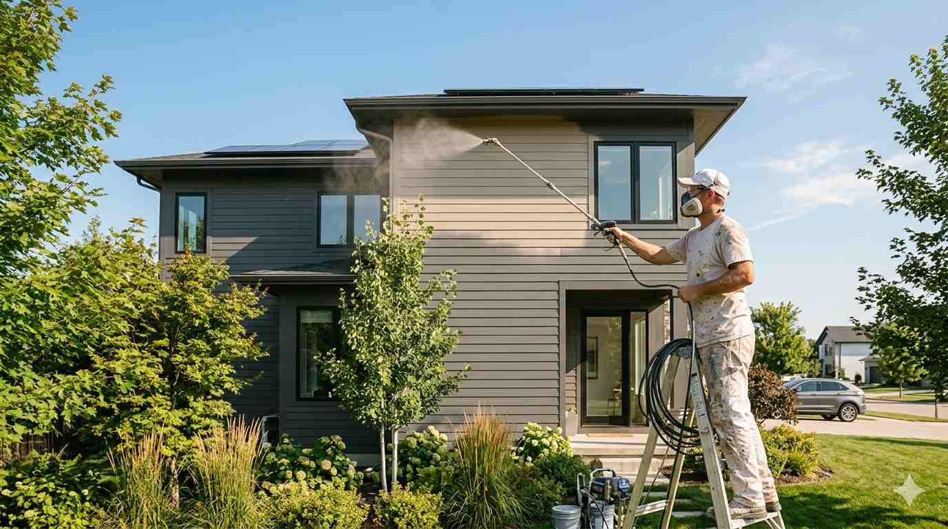 Professional painter using an airless sprayer on Hardie board fiber cement lap siding on a two-story home